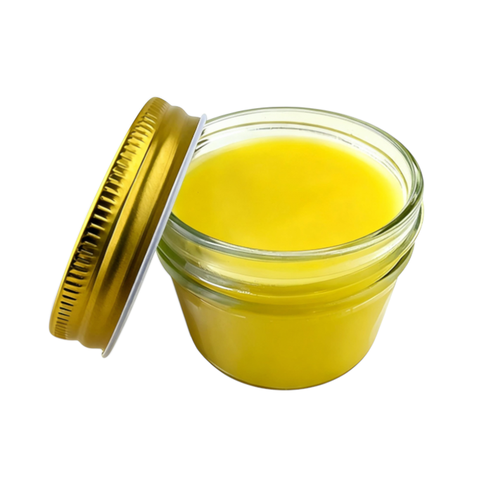 Natural beeswax cream jar photographed at a 45 degree angle